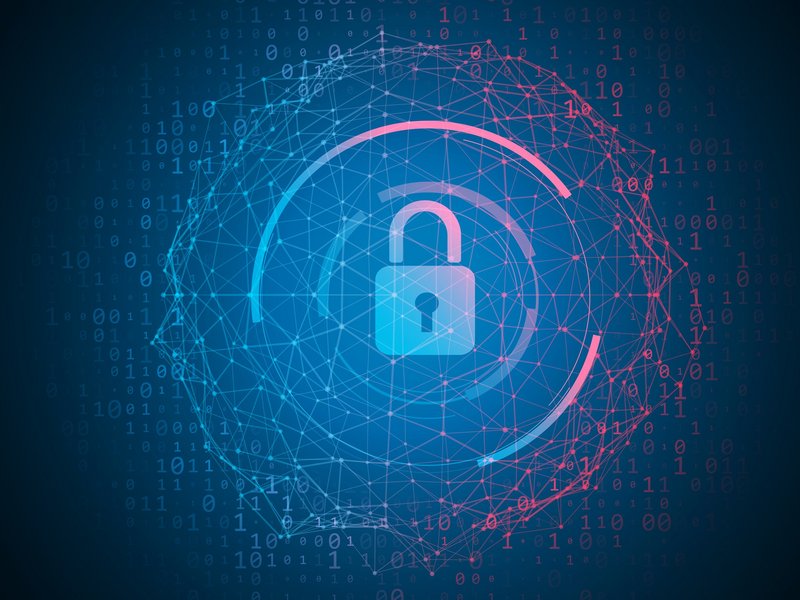 BEWATEC IT-Sicherheit und Datenschutz | Schlosssymbol mit Netzgrafik vor Binärcode.