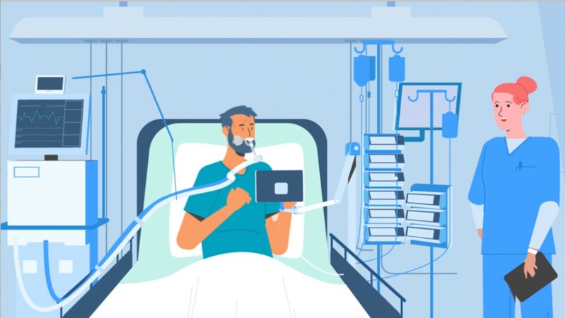 BEWATEC Third Party Partner | Vidatak Illustration, Patient liegt im Krankenhausbett mit Schläuchen im Mund und Laptop in der Hand, neben ihm steht eine Krankenschwester.