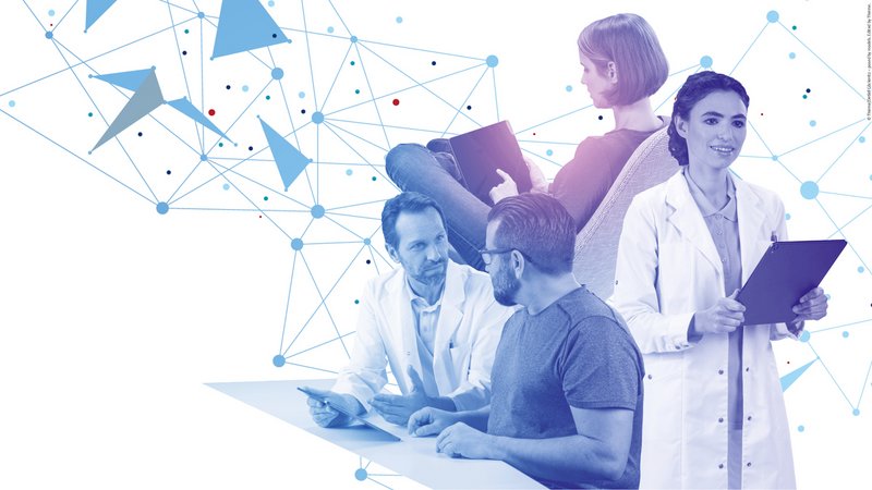 BEWATEC Third Party Partner | Thieme Compliance, Collage: Ärzte kommunizieren mit Patient:innen mit Tablet in Hand mit Netzwerkhintergrund