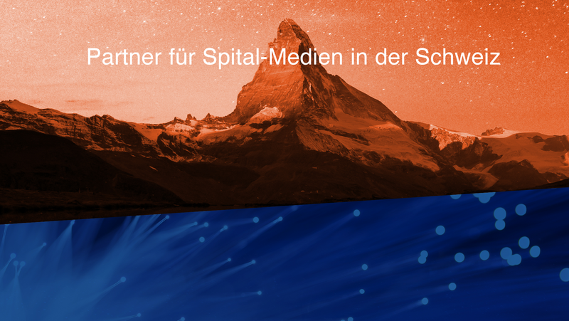 BEWATEC Sales Partner: H-Technik AG, blaue Lichtpunkt und Berg in rotem Licht mit Spruch "Partner für Spital-Medien in der Schweiz"