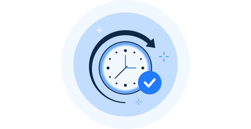 Flexible Arbeitszeit: Analoge Uhr mit rotierendem Pfeil und blauem Haken